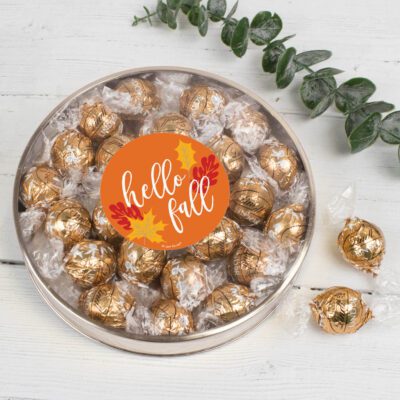 Thanksgiving Gift Tin with Gold Fudge Swirl Lindor Truffles - Hello Fall