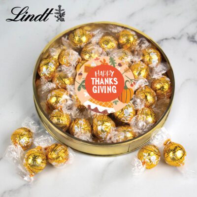 Thanksgiving Gift Tin with White Chocolate Gold Lindor Truffles - Happy Thanksgiving