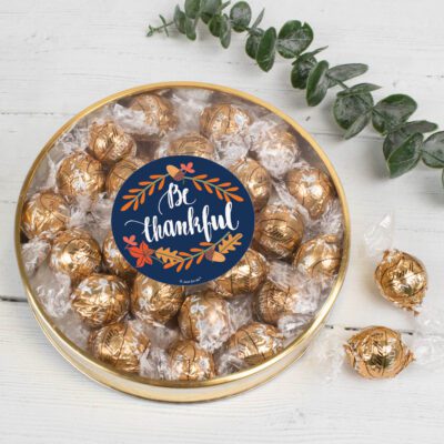 Thanksgiving Gift Tin with Gold Fudge Swirl Lindor Truffles - Be Thankful